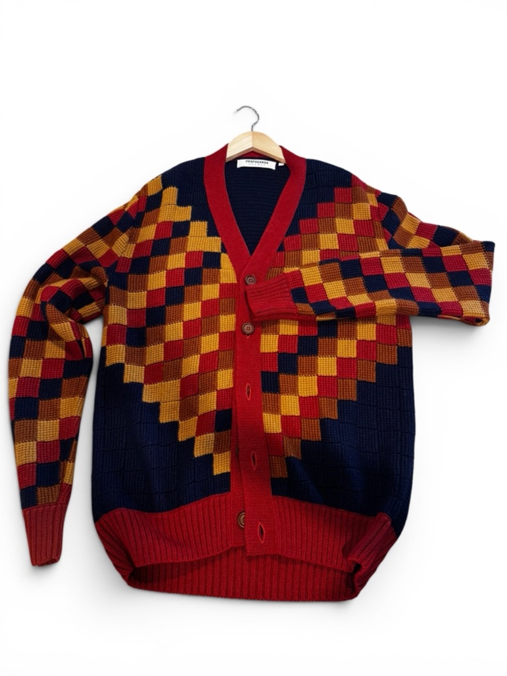 Men's Multicolor Geometric Button Cardigan - Red, Navy & Mustard - Picture 5 of 6